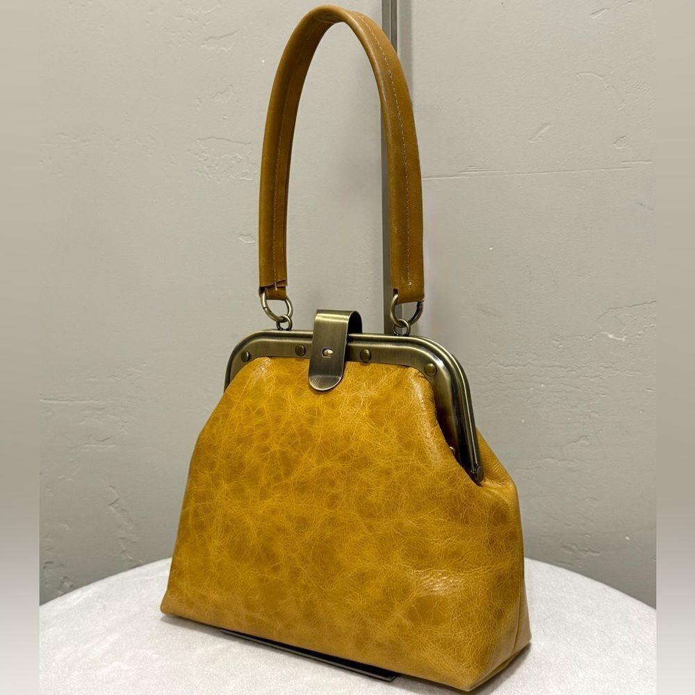 Unique Distressed Leather Handmade Rivet frame Push Lock Purse, Multi Use Style. - Picture 4 of 15